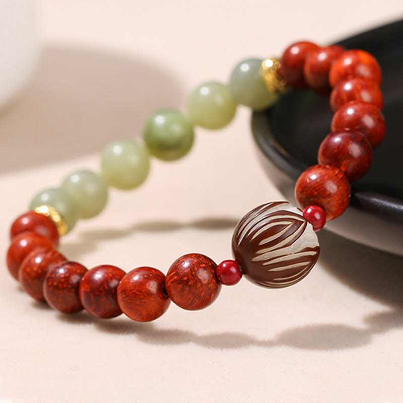 Buddha Stones Natural Rosewood Cyan Jade Bodhi Seed Lotus Warmth Calm Bracelet