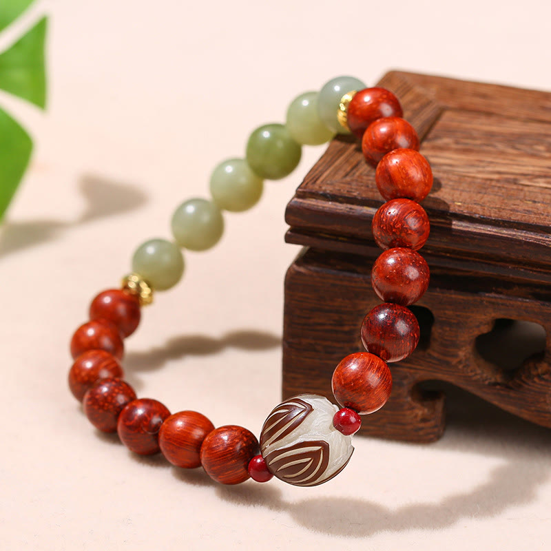 Buddha Stones Natural Rosewood Cyan Jade Bodhi Seed Lotus Warmth Calm Bracelet