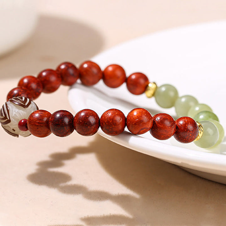 Buddha Stones Natural Rosewood Cyan Jade Bodhi Seed Lotus Warmth Calm Bracelet