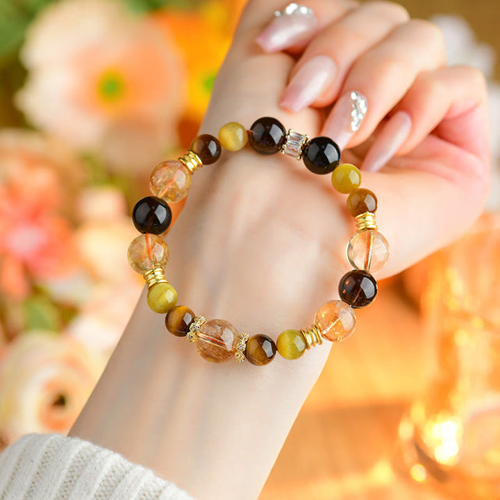 Buddha Stones Natural Citrine Smoky Quartz Tiger Eye Duobao Crystal Prosperity Bracelet