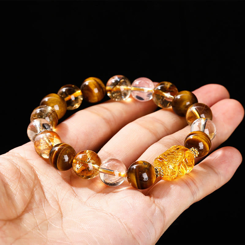 Buddha Stones Natural Yellow Tiger Eye Citrine Beeswax Pixiu Strength Bracelet