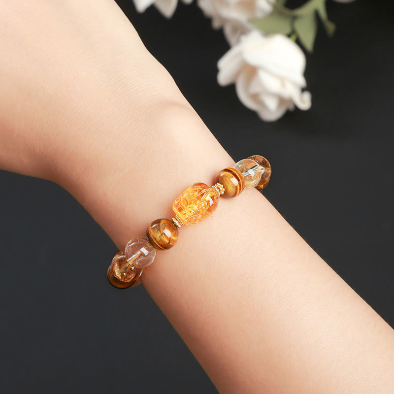 Buddha Stones Natural Yellow Tiger Eye Citrine Beeswax Pixiu Strength Bracelet