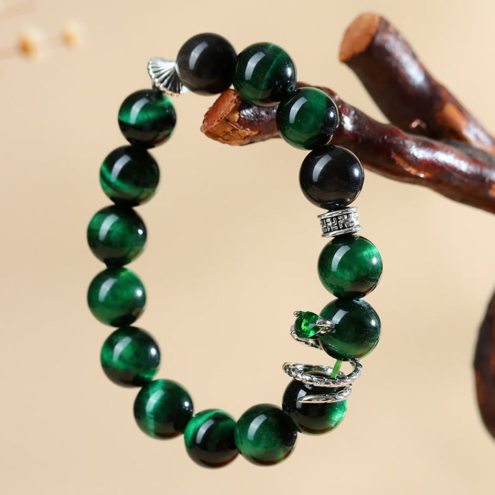 Buddha Stones Green Tiger Eye Silver Sheen Obsidian Year of the Snake Strength Bracelet