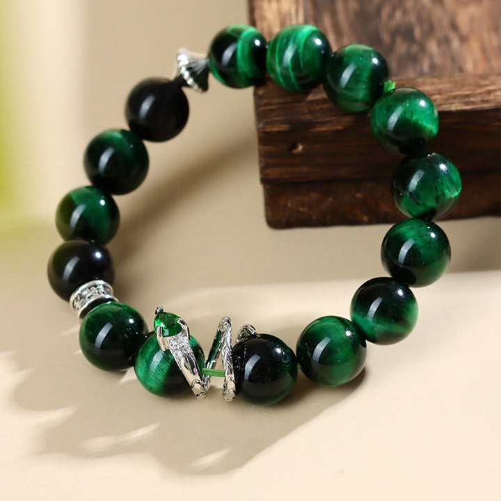 Buddha Stones Green Tiger Eye Silver Sheen Obsidian Year of the Snake Strength Bracelet