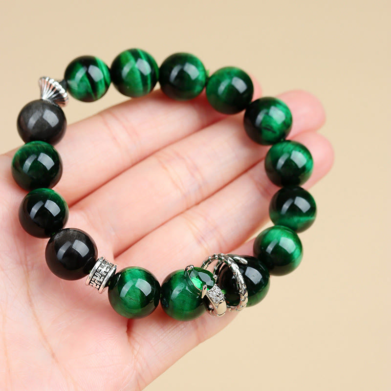 Buddha Stones Green Tiger Eye Silver Sheen Obsidian Year of the Snake Strength Bracelet