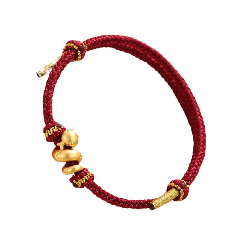 Buddha Stones Handmade 999 Sterling Silver Golden Year Of Snake Red String Protection Braided Bracelet