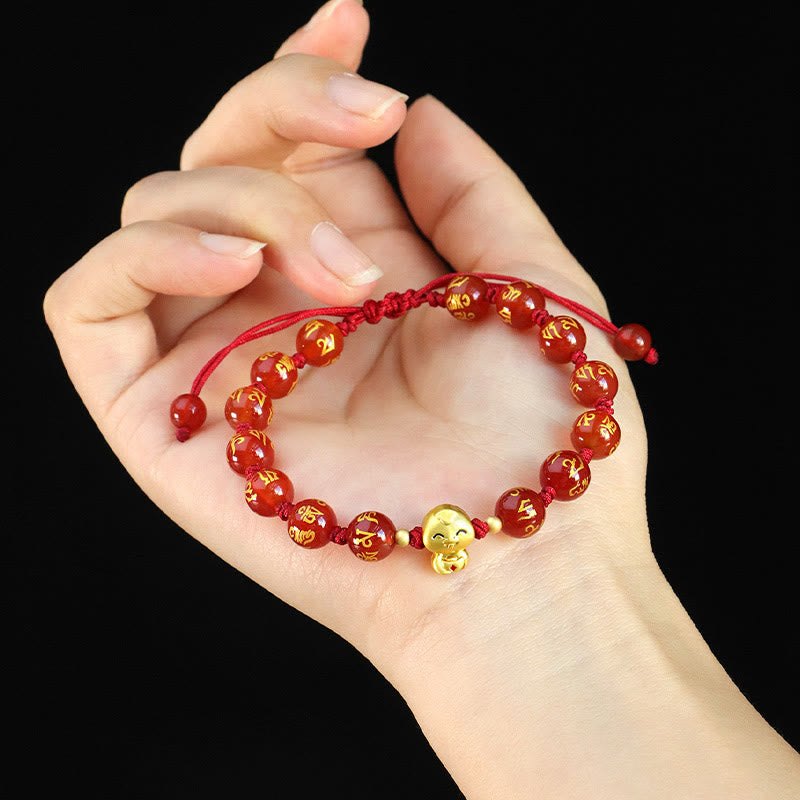 Buddha Stones Red Agate Black Onyx Bead Copper Year Of The Snake Fu Character Om Mani Padme Hum Happiness Bracelet