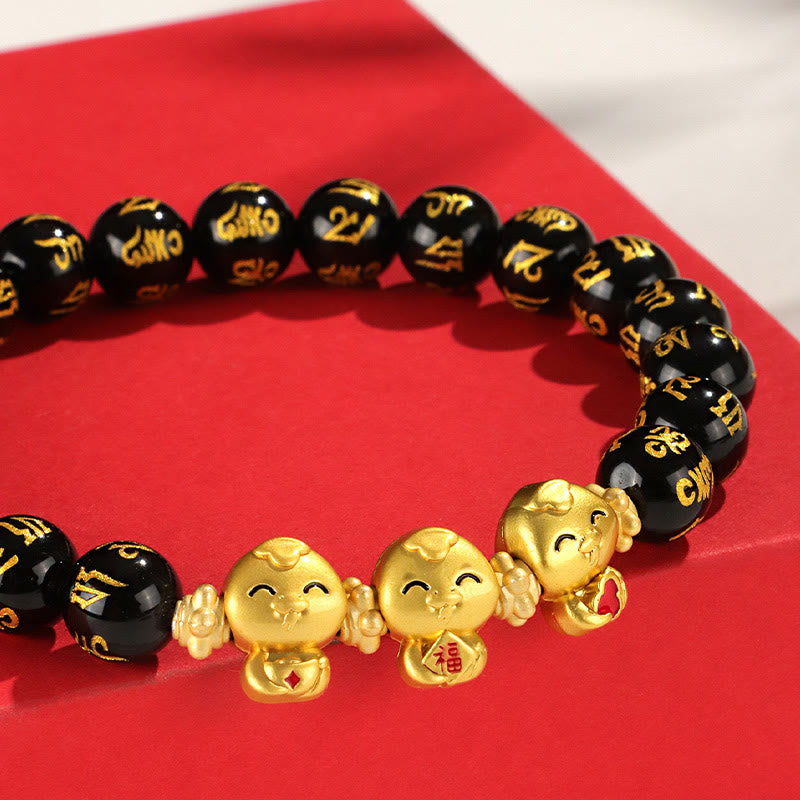 Buddha Stones Red Agate Black Onyx Bead Copper Year Of The Snake Fu Character Om Mani Padme Hum Happiness Bracelet