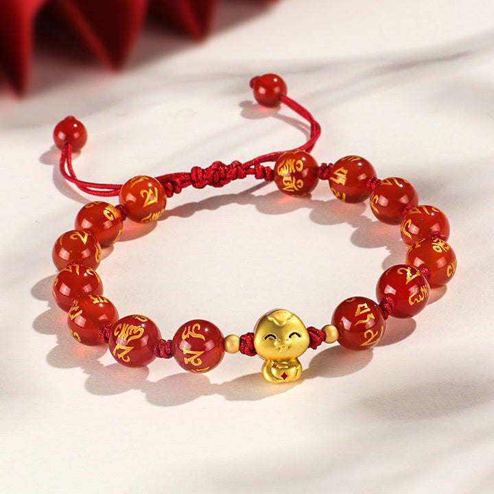 Buddha Stones Red Agate Black Onyx Bead Copper Year Of The Snake Fu Character Om Mani Padme Hum Happiness Bracelet