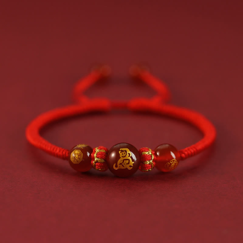 Buddha Stones Handmade Red Agate Chinese Zodiac Red String Braided Protection Bracelet