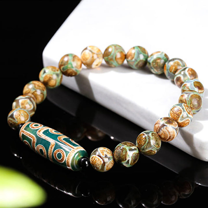 Buddha Stones Tibetan Nine-eye Dzi Bead Natural Sandalwood White Cat's Eye Agate Power Protection Bracelet