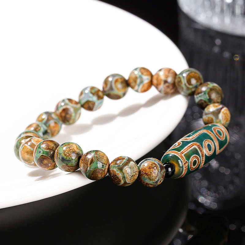 Buddha Stones Tibetan Nine-eye Dzi Bead Natural Sandalwood White Cat's Eye Agate Power Protection Bracelet