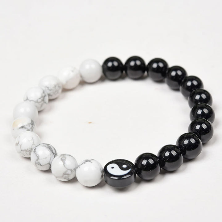 Buddha Stones Natural Obsidian White Turquoise Yinyang Tai Chi Strength Bracelet