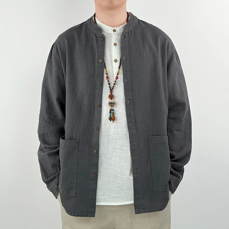 Buddha Stones Casual Solid Color Ramie Linen Cotton Men's Shirt With Pockets - image 2