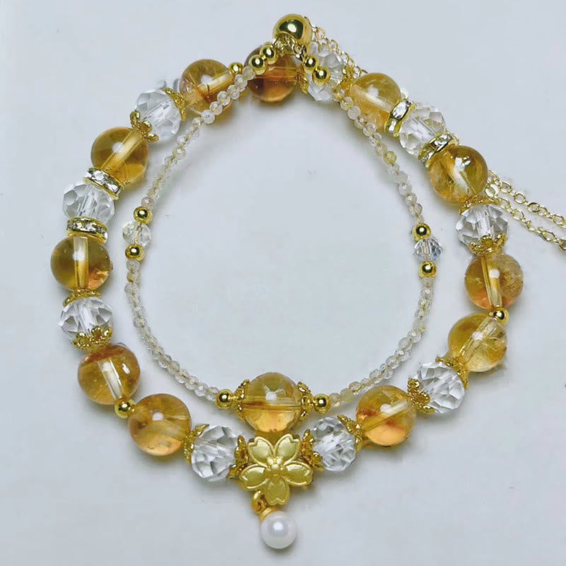 Buddha Stones Natural Citrine Glass Beads Flower Multiple Layers Prosperity Bracelet