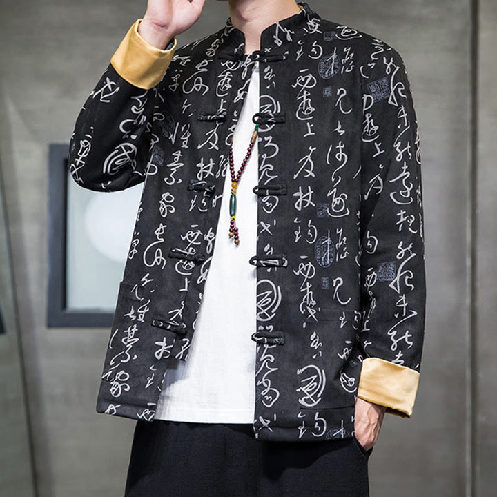 Buddha Stones Men's Frog-button Tang Suit Chinese Calligraphy Pattern Deerskin Polyester Jacket Shirt With Pockets