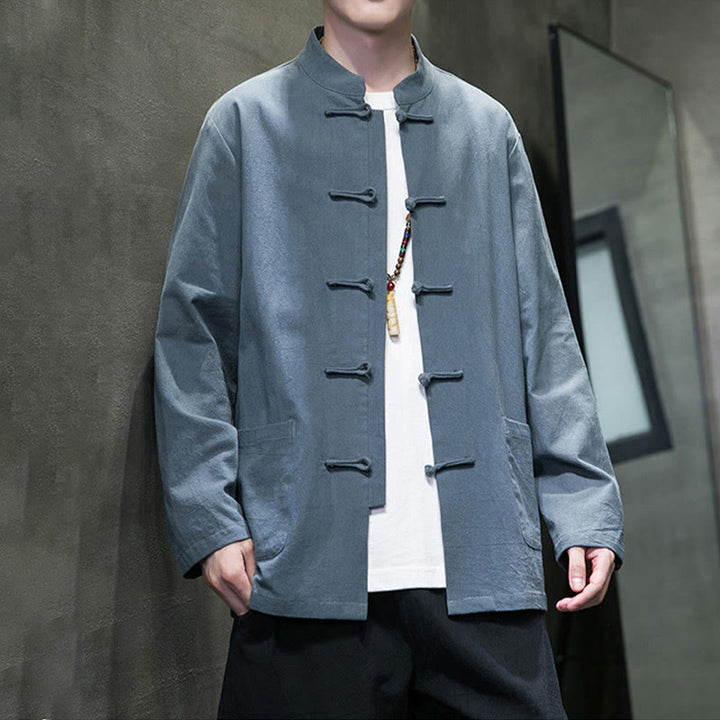 Buddha Stones Solid Color Frog-button Tang Suit Cotton Linen Men's Jacket Shirt With Pockets - image 4