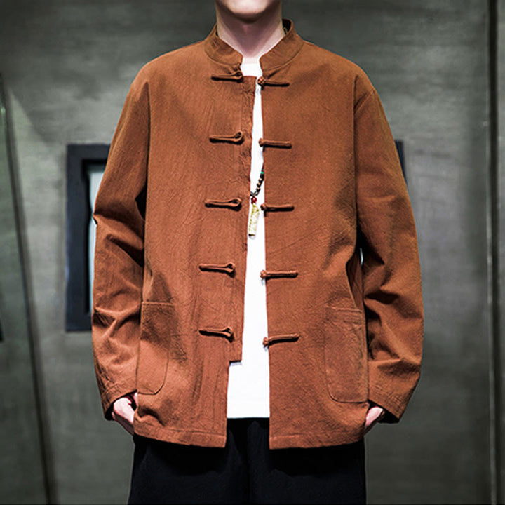 Buddha Stones Solid Color Frog-button Tang Suit Cotton Linen Men's Jacket Shirt With Pockets - Chocolate - US/UK/AU46，EU56 (5XL) - image 19