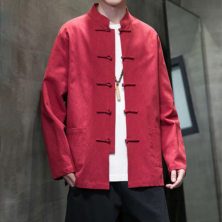 Buddha Stones Solid Color Frog-button Tang Suit Cotton Linen Men's Jacket Shirt With Pockets - image 36