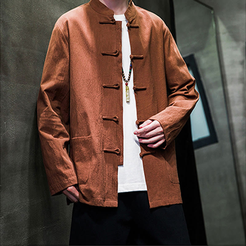 Buddha Stones Solid Color Frog-button Tang Suit Cotton Linen Men's Jacket Shirt With Pockets - image 20