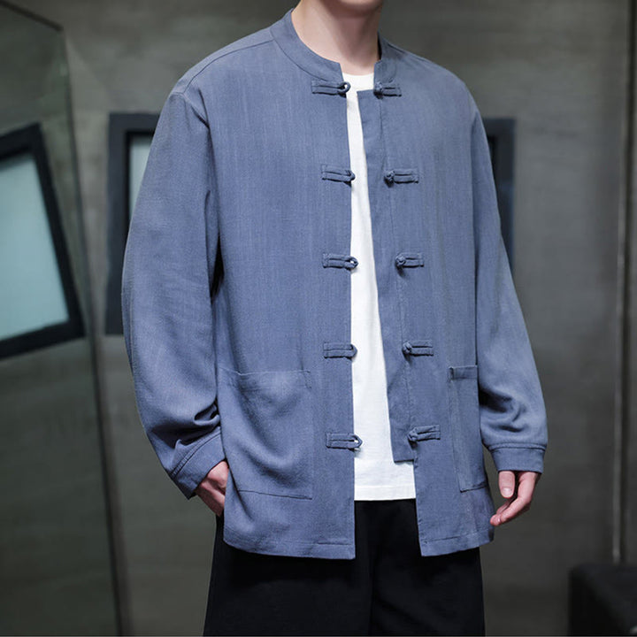 Buddha Stones Casual Plain Color Frog-button Linen Men's Jacket Shirt With Pockets - image 7