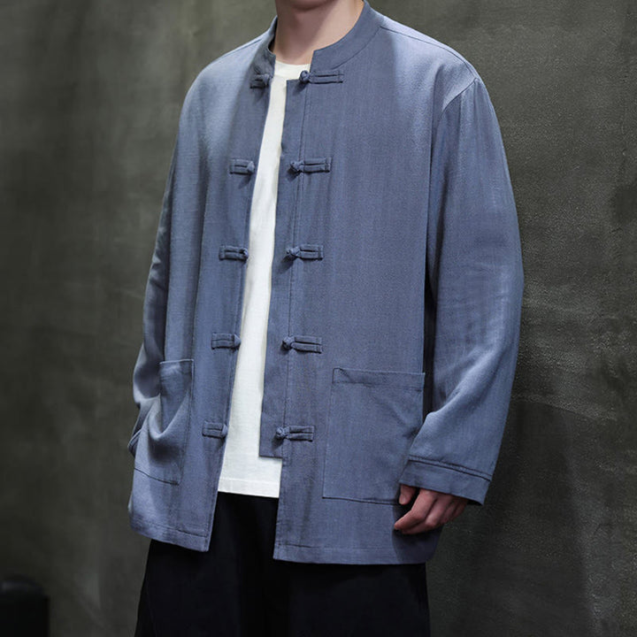 Buddha Stones Casual Plain Color Frog-button Linen Men's Jacket Shirt With Pockets - image 2
