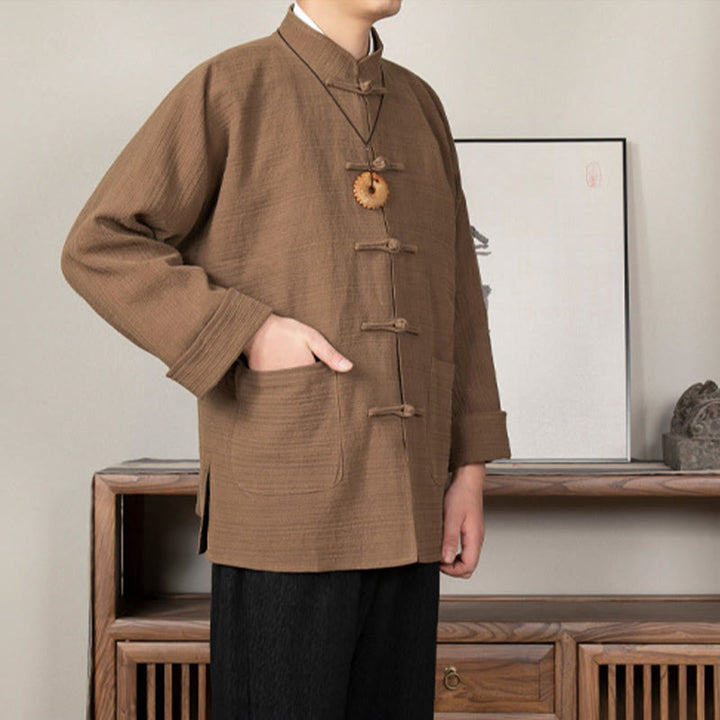 Buddha Stones Solid Color Frog-button Tang Suit Cotton Linen Men's Jacket Shirt With Pockets