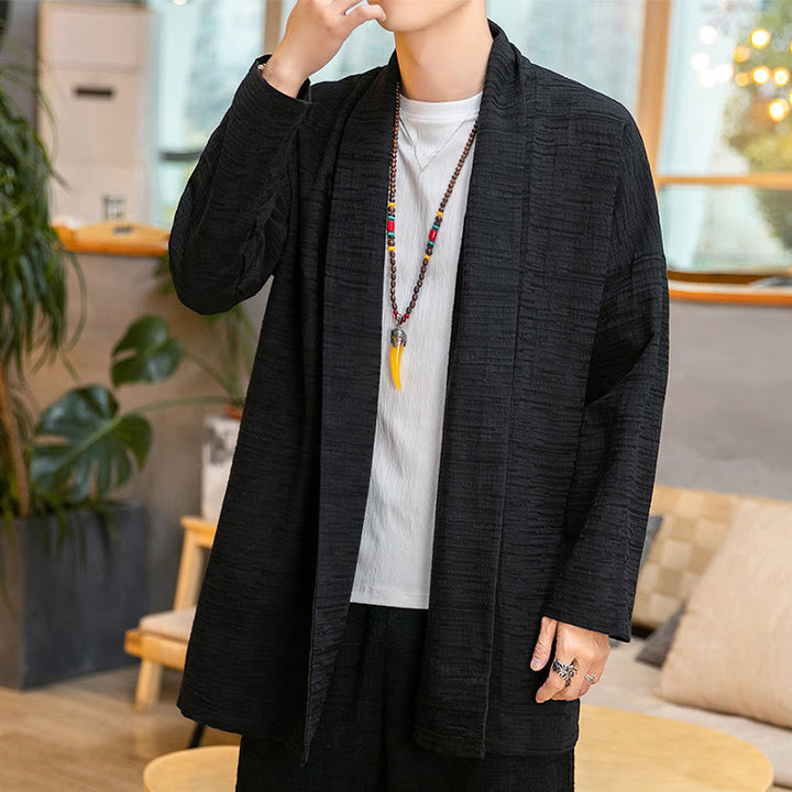 Buddha Stones Fall Simple Loose Plain Linen Blend Men's Mid-length Coat Clothing - Black - US/UK/AU42，EU52 (3XL) - image 6