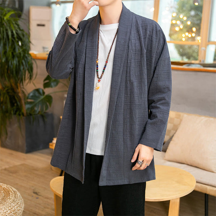 Buddha Stones Fall Simple Loose Plain Linen Blend Men's Mid-length Coat Clothing - LightSlateGray - US/UK/AU42，EU52 (3XL) - image 0