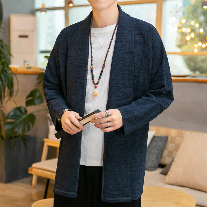 Buddha Stones Fall Simple Loose Plain Linen Blend Men's Mid-length Coat Clothing - Navy - US/UK/AU42，EU52 (3XL) - image 17