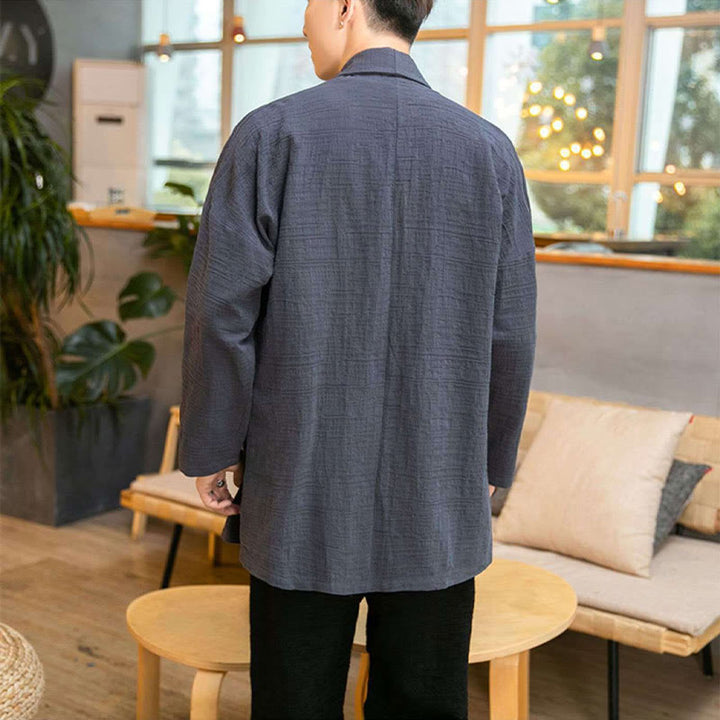 Buddha Stones Fall Simple Loose Plain Linen Blend Men's Mid-length Coat Clothing - image 5