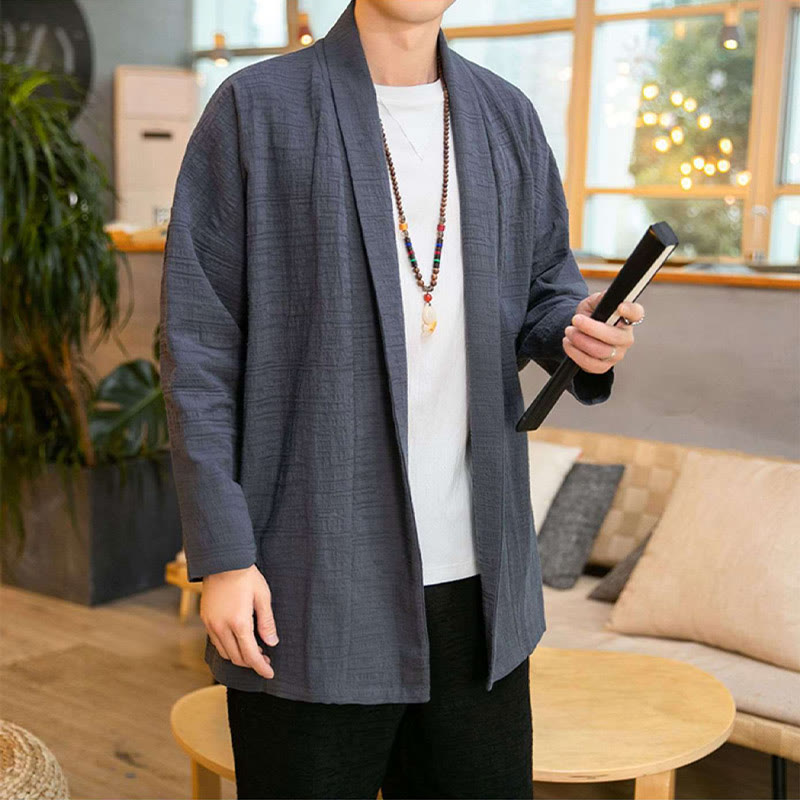 Buddha Stones Fall Simple Loose Plain Linen Blend Men's Mid-length Coat Clothing - image 2