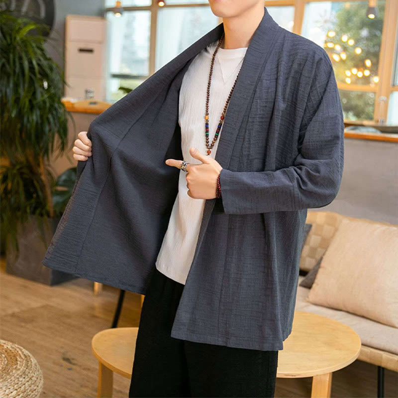 Buddha Stones Fall Simple Loose Plain Linen Blend Men's Mid-length Coat Clothing