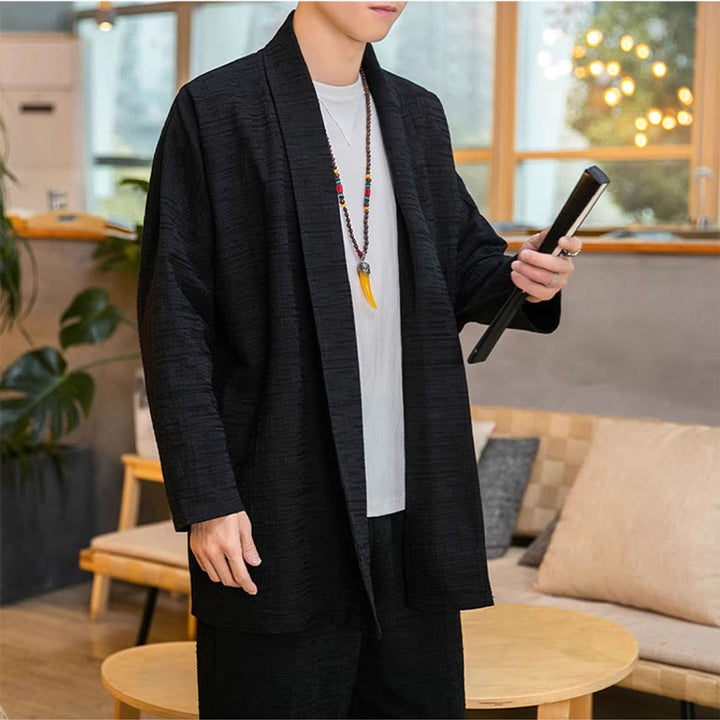 Buddha Stones Fall Simple Loose Plain Linen Blend Men's Mid-length Coat Clothing - image 7
