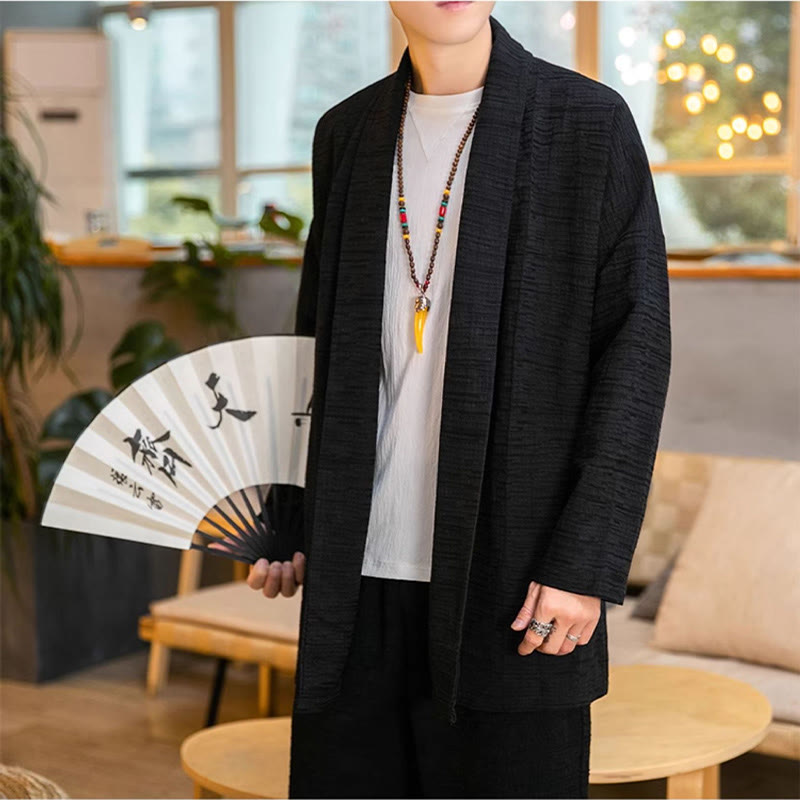 Buddha Stones Fall Simple Loose Plain Linen Blend Men's Mid-length Coat Clothing - image 7