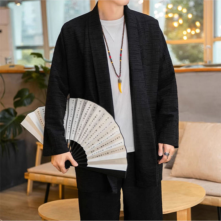 Buddha Stones Fall Simple Loose Plain Linen Blend Men's Mid-length Coat Clothing - image 9