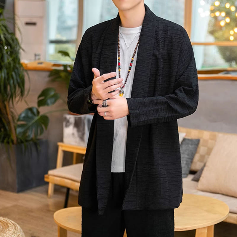 Buddha Stones Fall Simple Loose Plain Linen Blend Men's Mid-length Coat Clothing - image 10