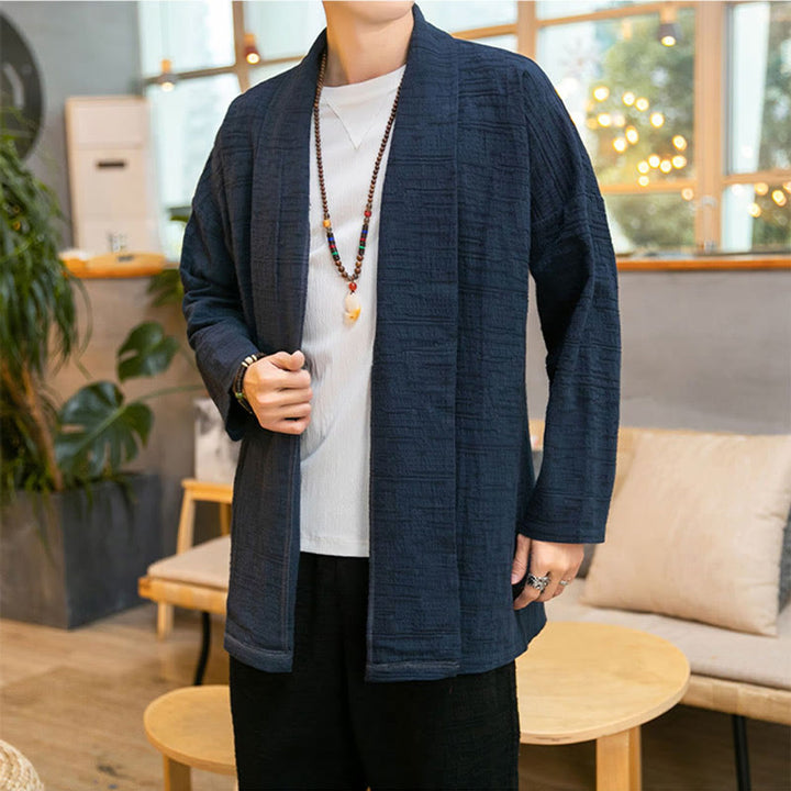 Buddha Stones Fall Simple Loose Plain Linen Blend Men's Mid-length Coat Clothing - image 19