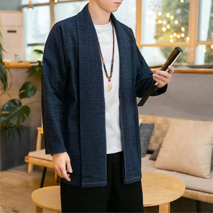 Buddha Stones Fall Simple Loose Plain Linen Blend Men's Mid-length Coat Clothing - image 18