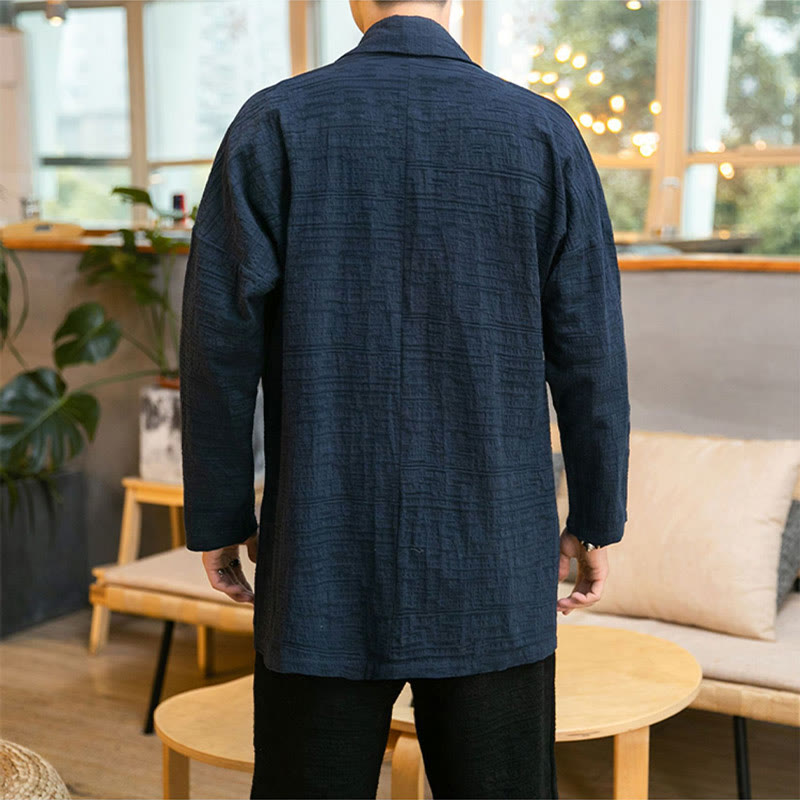 Buddha Stones Fall Simple Loose Plain Linen Blend Men's Mid-length Coat Clothing