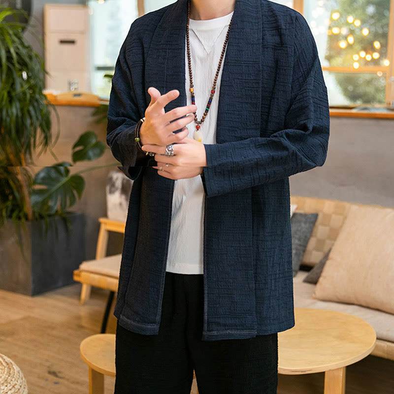 Buddha Stones Fall Simple Loose Plain Linen Blend Men's Mid-length Coat Clothing - image 20