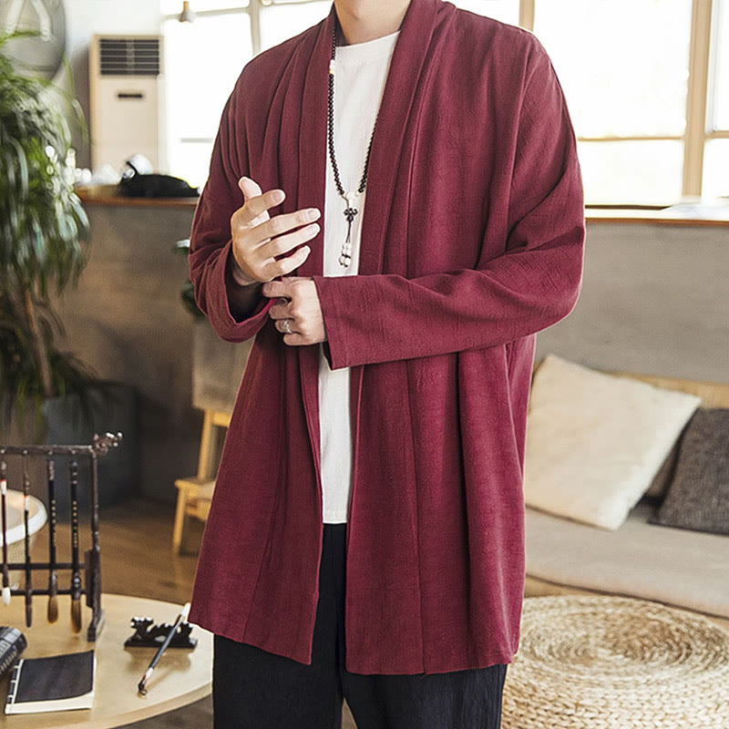 Buddha Stones Fall Simple Casual Cotton Linen Men's Mid-length Coat Clothing - DarkRed - US/UK/AU42，EU52 (3XL) - image 1