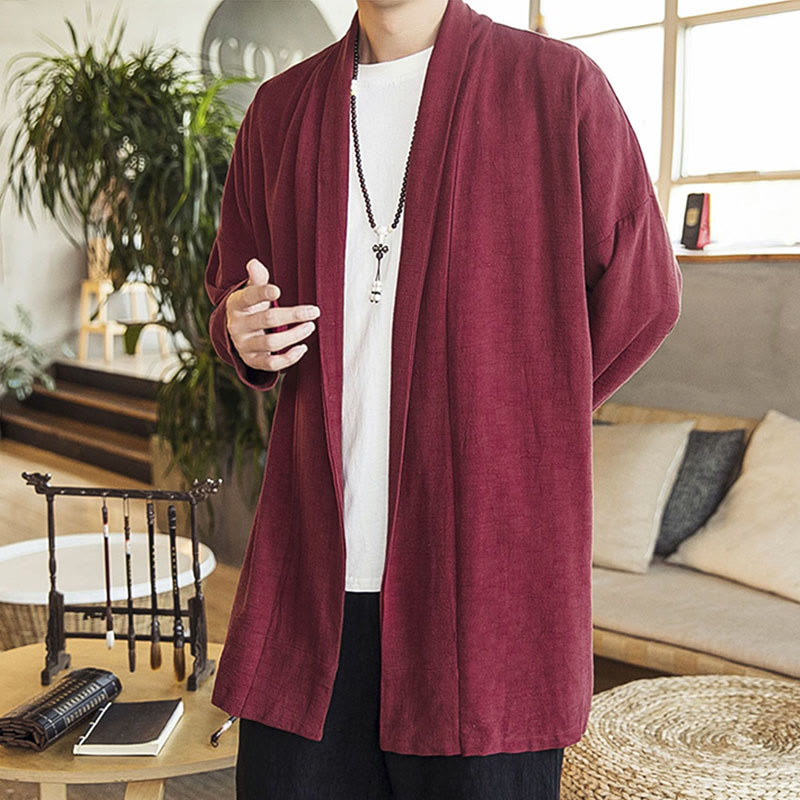 Buddha Stones Fall Simple Casual Cotton Linen Men's Mid-length Coat Clothing