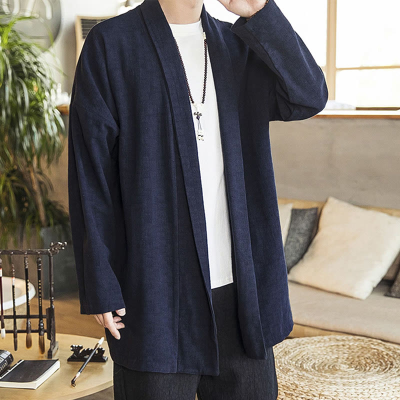Buddha Stones Fall Simple Casual Cotton Linen Men's Mid-length Coat Clothing - image 8