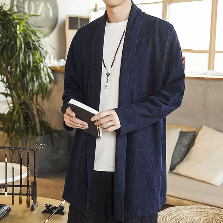 Buddha Stones Fall Simple Casual Cotton Linen Men's Mid-length Coat Clothing