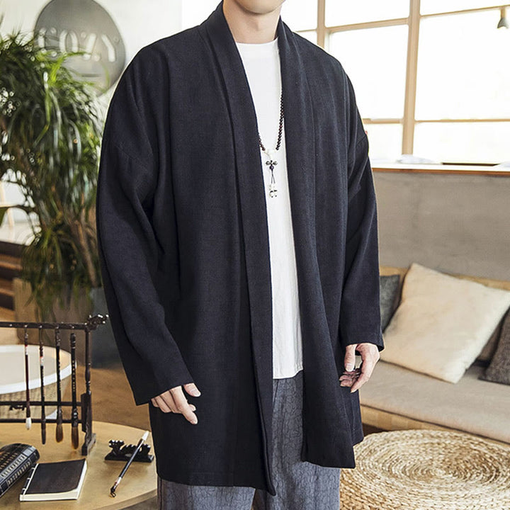 Buddha Stones Fall Simple Casual Cotton Linen Men's Mid-length Coat Clothing