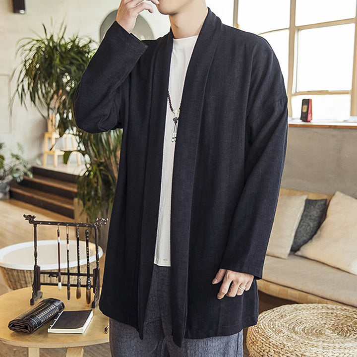 Buddha Stones Fall Simple Casual Cotton Linen Men's Mid-length Coat Clothing