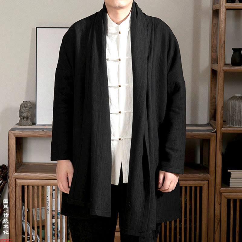 Buddha Stones Fall Simple Jacquard Zen Plush Cotton Lined Men's Mid-length Coat Clothing - Black - US/UK/AU44，EU54 (4XL) - image 6