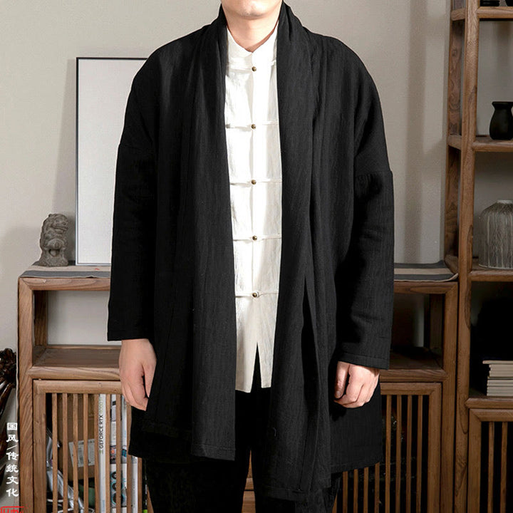 Buddha Stones Fall Simple Jacquard Zen Plush Cotton Lined Men's Mid-length Coat Clothing - Black - US/UK/AU44，EU54 (4XL) - image 6