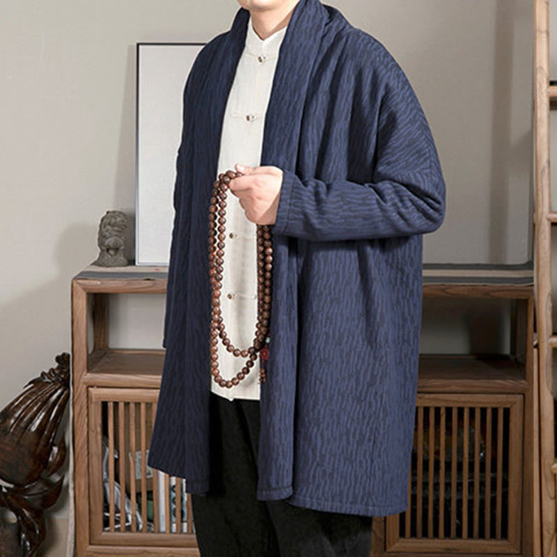 Buddha Stones Fall Simple Jacquard Zen Plush Cotton Lined Men's Mid-length Coat Clothing - image 3